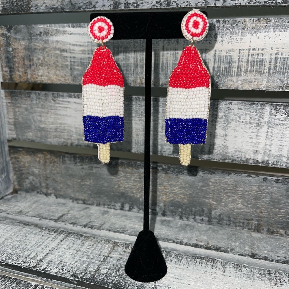Beaded “Bombpop” red/white/blue popsicle earrings